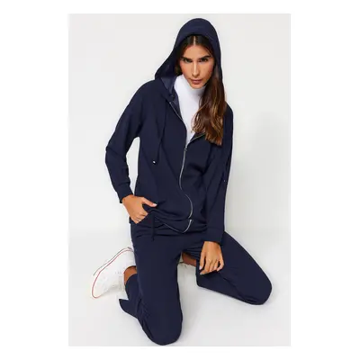 Trendyol Navy Blue Oversize Zippered Hooded Cardigan Knitted Tracksuit