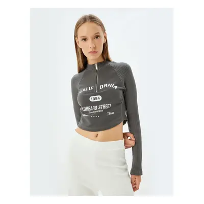 Koton Crop T-Shirt Long Sleeve Half Zipper Slogan Printed Slim Fit