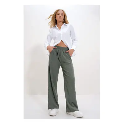 Trend Alaçatı Stili Women's Khaki High Waist Elastic Wide Leg Trousers