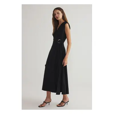 Trendyol Black Pleated Midi Woven Dress with Opening Waist Skirt