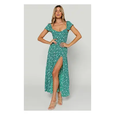 Madmext Green Patterned Slit Long Dress