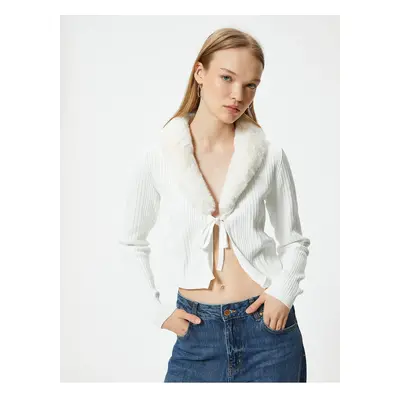 Koton Crop Cardigan Collar with Faux Für Tie Detail Slim Fit