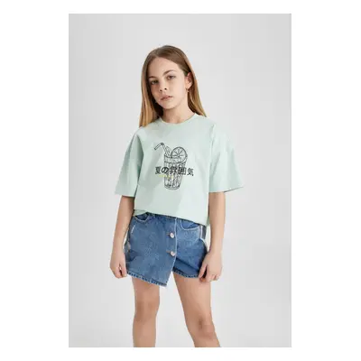 DEFACTO Girl Oversize Wide Pattern Crew Neck Printed Short Sleeve T-Shirt