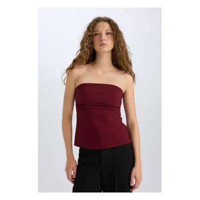 DEFACTO Fitted Bengal Basic Straight Strapless Burgundy Blouse