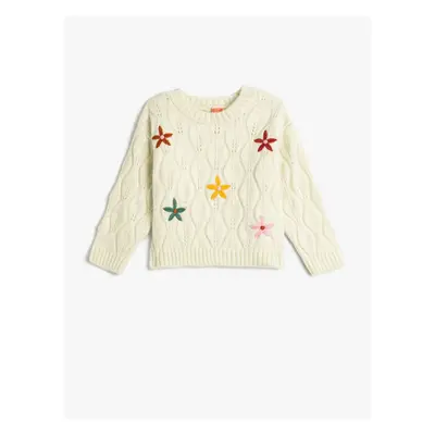 Koton Knitted Sweater with Floral Embroidered Openwork Crew Neck.