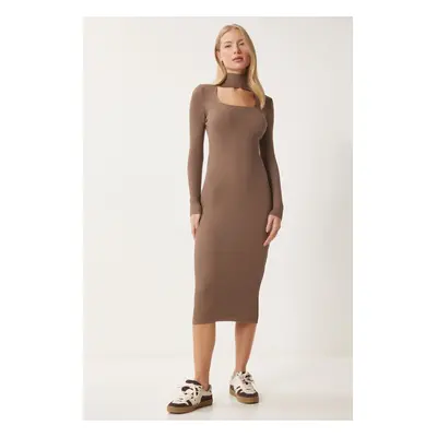 Happiness İstanbul Women's Mink Cut Out Detailed Stand Collar Ribbed Knit Dress