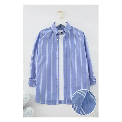 Trendyol Blue Slim Fit Button Down Collar Pinstripe Shirt