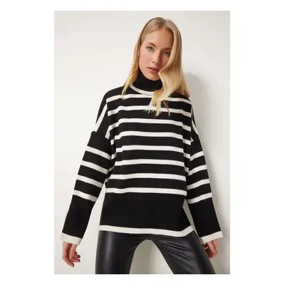 Happiness İstanbul Women's Black Ecru Striped Oversize Knitwear Sweater