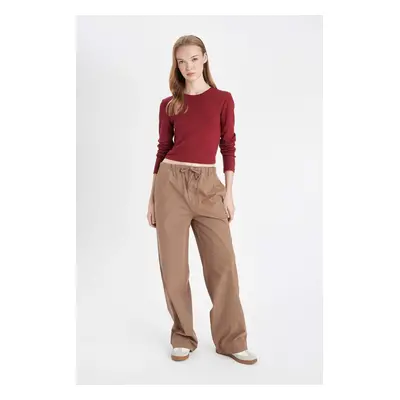 DEFACTO Cool Poplin Trousers Straight Fit Basic Plain Pocket Elastic Waist Tie