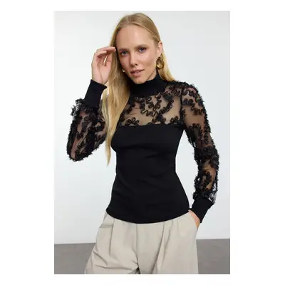 Trendyol Black*001 Tulle Garni Detailed Fitted/Full Neck Ribbed Flexible Knitted Blouse