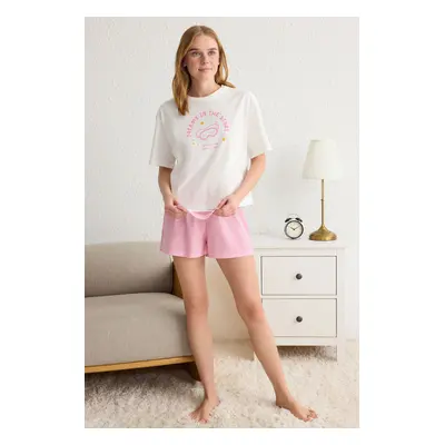 Trendyol Pink 100% Cotton Striped Slogan Printed Sleep Band Knitted Pajama Set