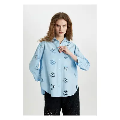 DEFACTO Oversize Wide Pattern Embroidered Long Sleeve Shirt