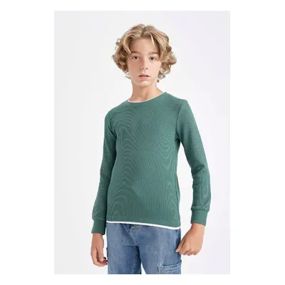 DEFACTO Boy's Crew Neck Basic Plain Waffle Long Sleeve T-Shirt