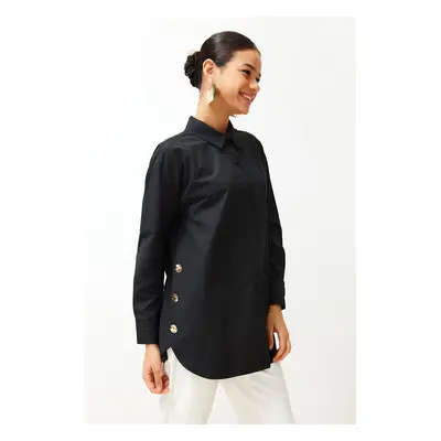 Trendyol Black Button Accessory Detailed Cotton Woven Shirt