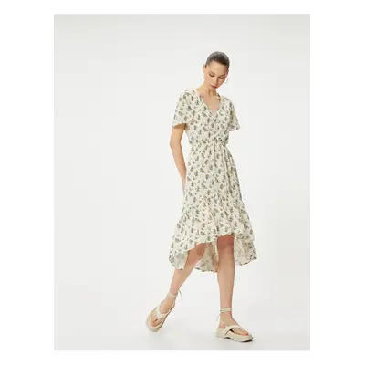 Koton Floral Midi Dress Asymmetric Cut Frilly Short Sleeve V Neck Buttoned Lined