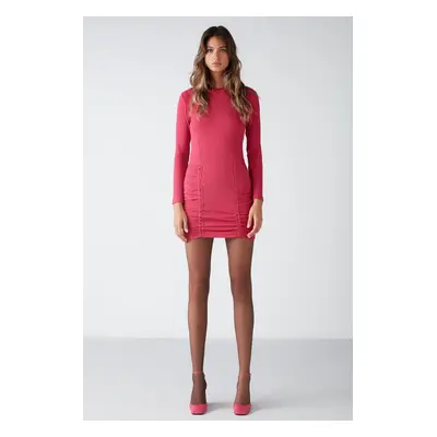 GRIMELANGE Belissa Women's Wide Ribbed Stretch Fabric Wrapped Bodycon Iced Mini Fuchsia Dres