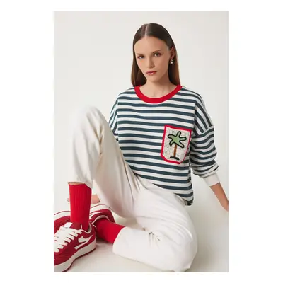 Happiness İstanbul Women's Ecru Green Knit Pocket Striped Raised Knit Sweatshirt