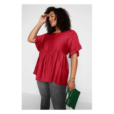 Trendyol Curve Red Short Sleeve Woven Flounce Plus Size Blouse