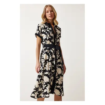 Happiness İstanbul Women's Black Cream Floral Summer Slim Viscose Dress