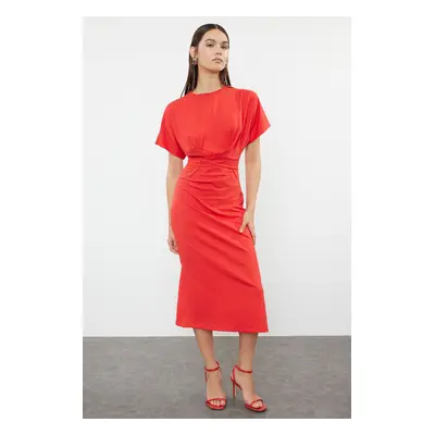 Trendyol Red 100% Cotton Waist Slit and Tie Detailed Midi Knitted Pencil Dress