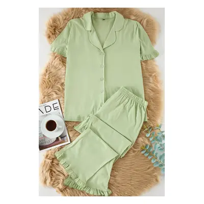 Trendyol Curve Mint Ruffle Sleeve Shirt Collar Knitted Pajama Set TBBAW25AI00090