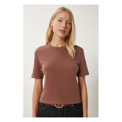 Happiness İstanbul Women's Brown Cotton Basic Knitted T-Shirt