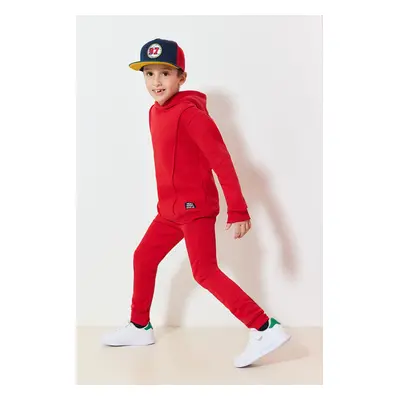 Trendyol Red Boy's Hooded Basic Plain Cotton Knitted Bottom-Top Set