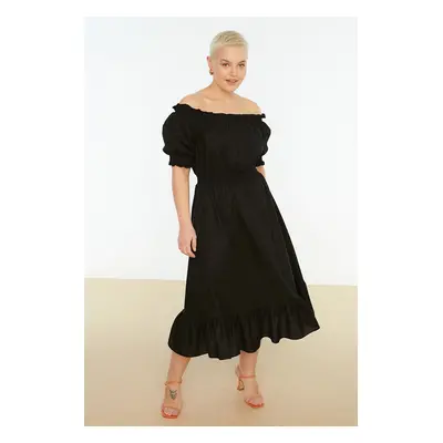 Trendyol Curve Black Weave Carmen Collar Dress with Pleats