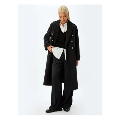 Koton Extra Long Cashmere Coat with Epaulette Detail and Buttoned Pockets