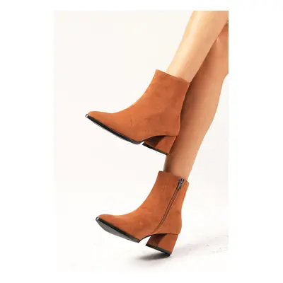 Mio Gusto Erika Women's Tan Suede Heeled Boots with Thin Shearling Für Lined and Zipper.