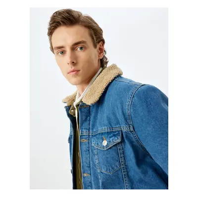 Koton Faux Fur Collar Detailed Flap Pocket Cotton Denim Jacket