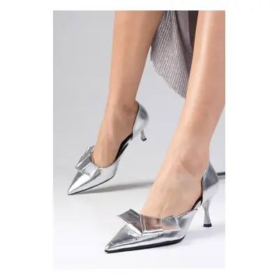 Mio Gusto Alexa Metallic Silver Color Pointed Toe Bow Accessory Women's Heels Party and Evening 