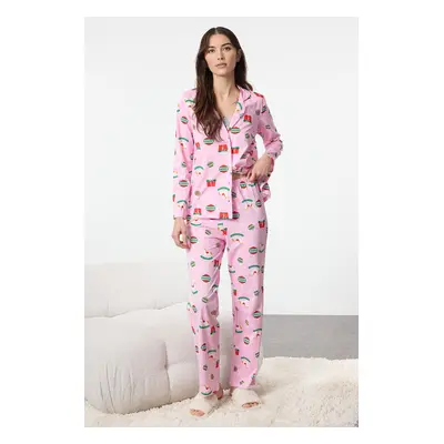 Trendyol Pink 100% Cotton Christmas Themed Knitted Pajamas Set