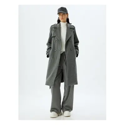 Koton Double Breasted Collar Long Stamp Coat with Belt Detail