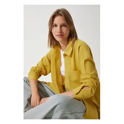 Happiness İstanbul Women's Mustard Oversize Linen Ayrobin Shirt