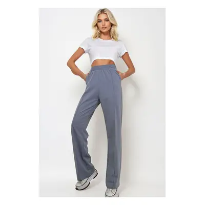 Trend Alaçatı Stili Women's Dyed Grey High Waist Front Grass Wide Leg Double Pocket Sweatpants