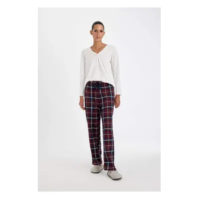 DEFACTO Fall In Love Pajama Set V Neck Long Sleeve Basic Plain Top Plaid Elastic Waist Bottom