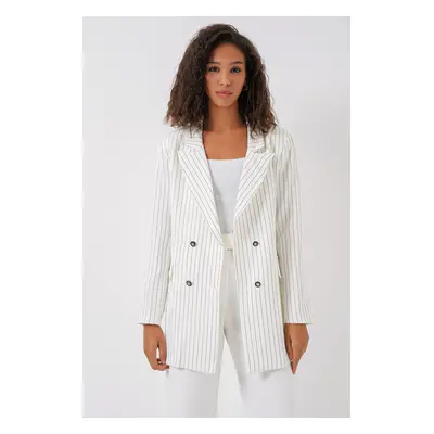 Bigdart Women's White Double Buttoned Striped Blazer Jacket