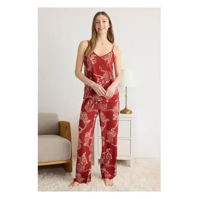 Trendyol Cinnamon Tiger Patterned Rope Strap Viscose Woven Pajama Set