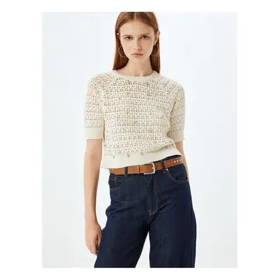 Koton Openwork Crop Sweater Short Sleeve Crew Neck Beaded Embroidered