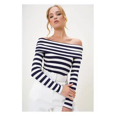 Trend Alaçatı Stili Women's Navy Blue Madonna Collar Striped Lycra Knitted Blouse