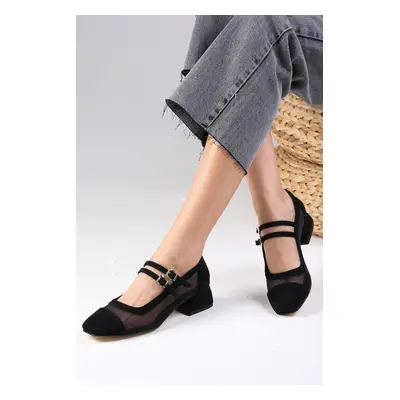 Mio Gusto Isabel Black Color Suede Flat Toe Mesh Detailed Women's Short Heeled Shoes