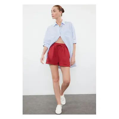 Trendyol Red 100% Linen Elastic Waist High Waist Shorts