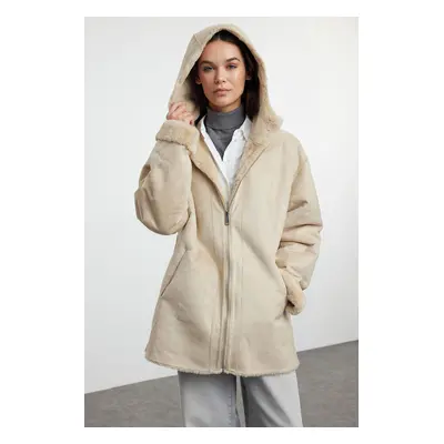 Trendyol Ecru Oversize Double Sided Hooded Suede-Plush Coat