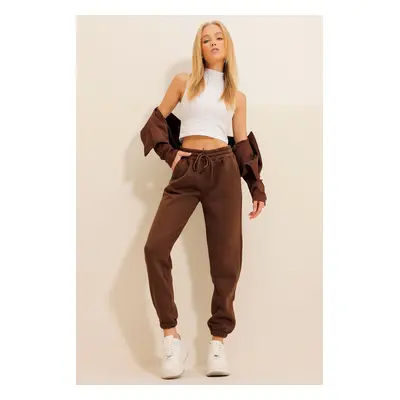 Trend Alaçatı Stili Women's Brown Thread Raised Jogging Sweatpants