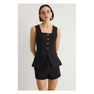 Trendyol Black Fitted Square Collar Thick Suspender Vest Waistcoat