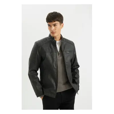 DEFACTO Slim Fit Stand Collar Zippered Pocket Seasonal Faux Leather Coat Jacket