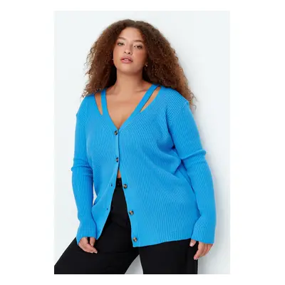 Trendyol Curve Blue V-Neck Band Detailed Buttoned Knitwear Cardigan