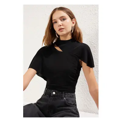 Trendyol Black Cut Out/Window Detail Draped Glittery Knitted Blouse