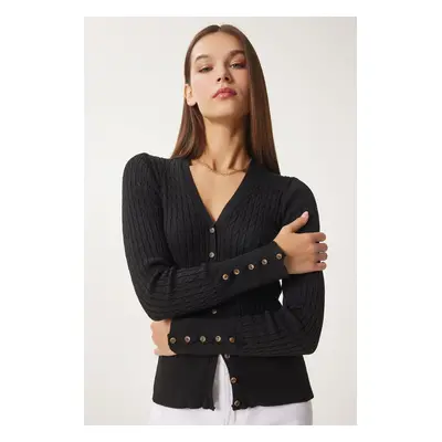 Happiness İstanbul Women's Black Thessaloniki Knit Detail Wrap Knitwear Cardigan